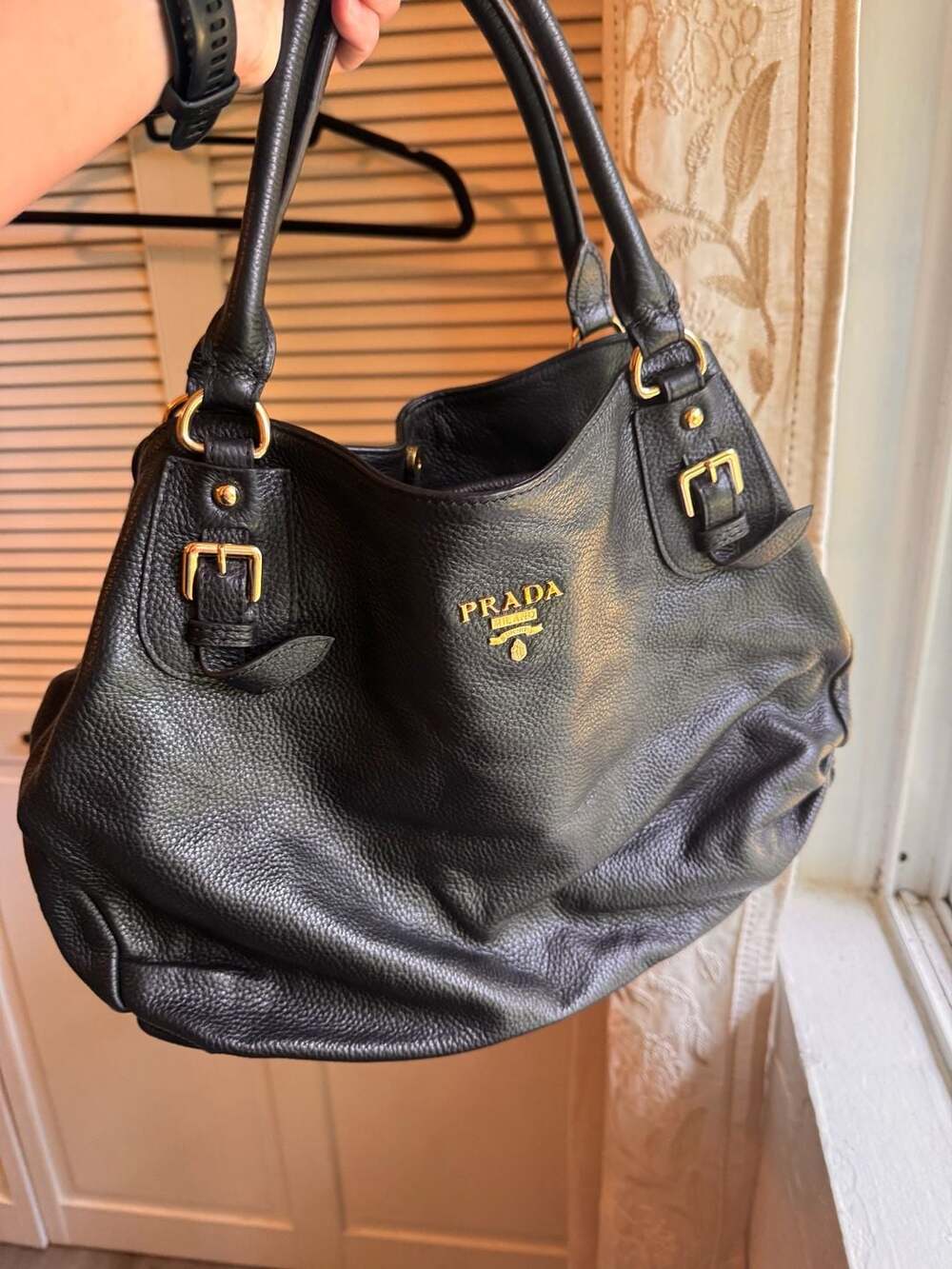 Prada Black Vitello Daino Leather Hobo Handbag